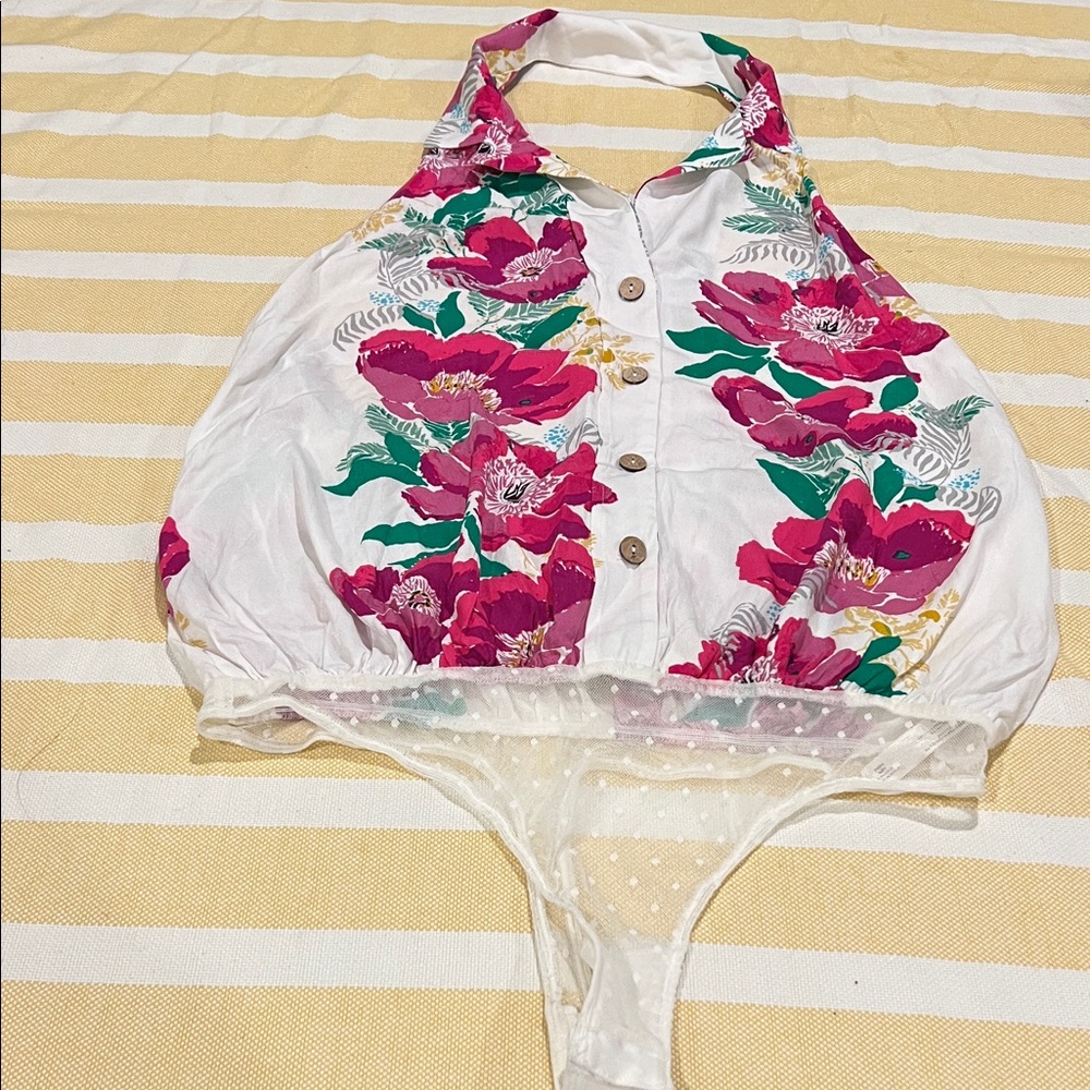 Free People White Halter Bodysuit with Fuchsia Floral Print